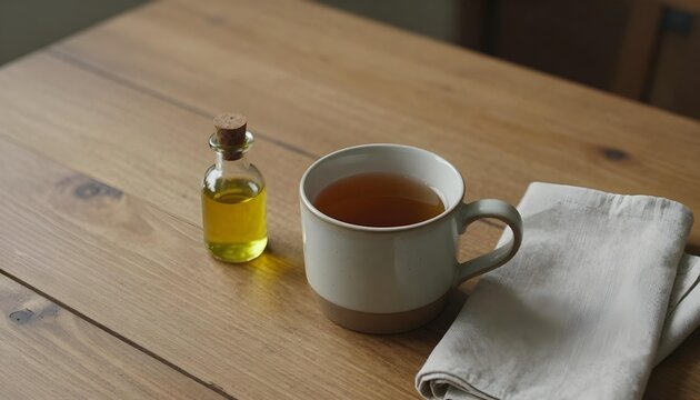 Oil and a cup of tea on a wooden table, celebrating National Hemp Month