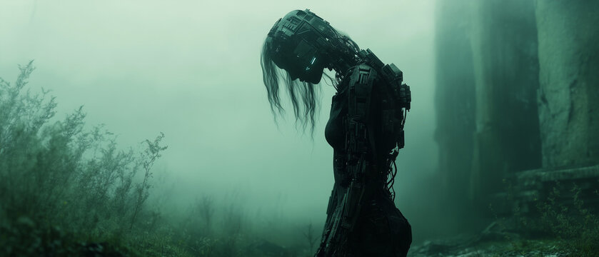 Sorrowful cyborg woman bowing her head in green mist