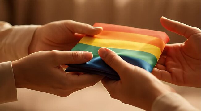 Pride month lgbt pride rainbow flag support equality human hand gift hope folded rainbow flag passed between gentle hand showing pride support and equality warm soft light background for diversity