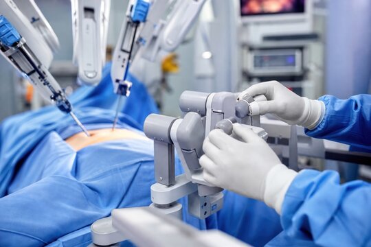 Robotic surgery system operated by surgeon hands in sterile gloves controlling robotic arms during minimally invasive laparoscopic procedure in modern hospital operating room