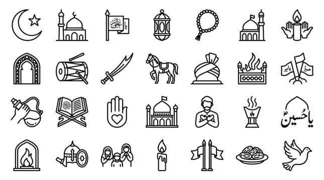Muharram islamic icons set symbols