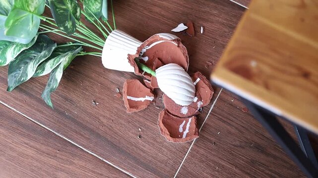 Video of a pottery plant vase that fell on the floor and broke.