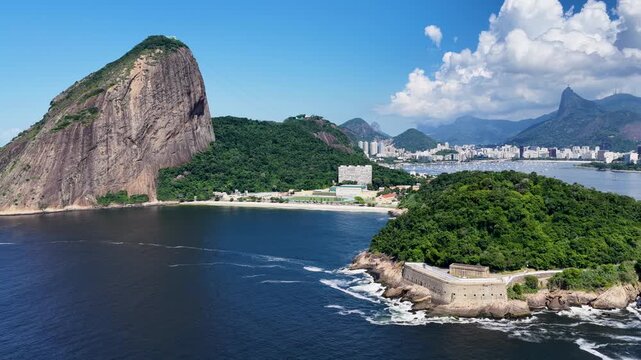 Rio De Janeiro Skyline In Urca Beach In Brazil. Sugarloaf Mountain Landscape. Downtown City. Guanabara Bay Skyline. Rio De Janeiro Skyline In Urca Beach In Brazil. Tourism Landmark.