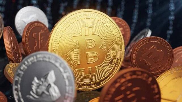 Pile of various physical cryptocurrency coins including Bitcoin and Litecoin.
