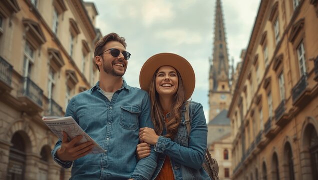 Couple in stylish blue outfits smiling in an urban alley