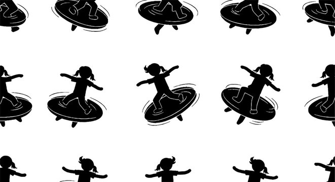Silhouette figures dancing with circular hoops pattern.