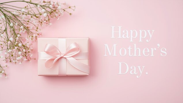 Down view of a pink gift box with white ribbon and floral arrangement