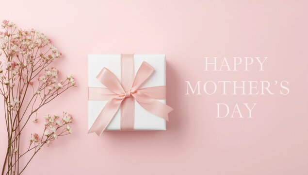 Down view of a pink gift box with white ribbon and flowers