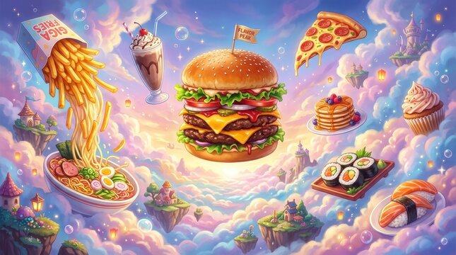 Fantasy food world with a giant burger, fries, and floating islands in sky.