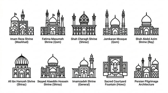 Iranian islamic landmarks icon set with mosques