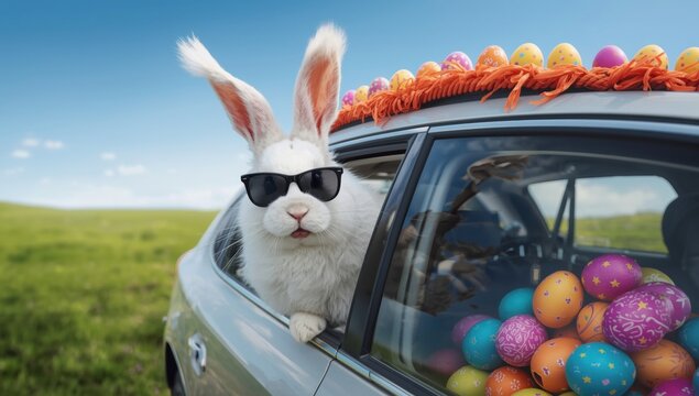 Fluffy white easter bunny with colorful eggs in car trunk