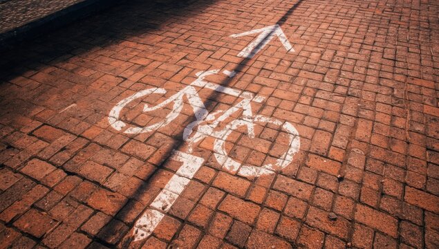 Glowing white geometric shapes on brick pavement at night