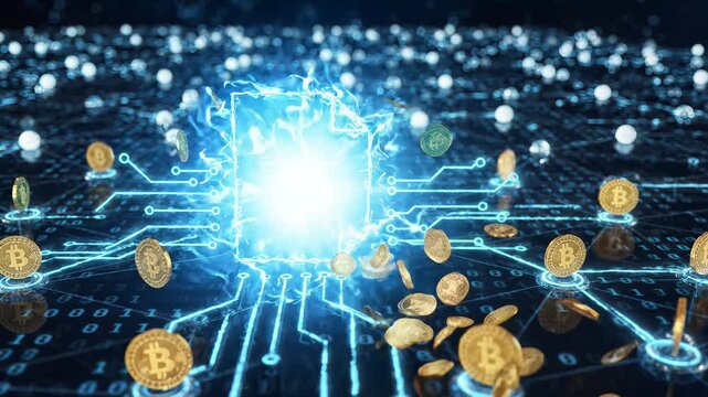 Digital Cryptocurrency Blockchain Technology and Bitcoin Network Concept.