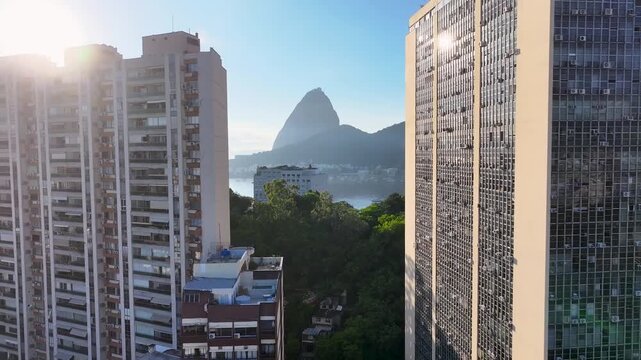 Sugarloaf Mountain In Rio De Janeiro In Brazil. Sunrise Sky Landscape. Downtown City. Guanabara Bay Skyline. Sugarloaf Mountain In Rio De Janeiro In Brazil. Tourism Landmark.