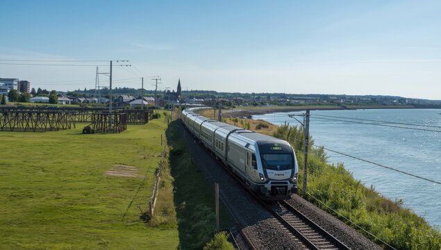 Long modern silver train traveling on elevated railway near water