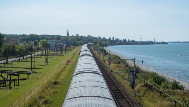 Long silver modern train traveling on elevated coastal railway track
