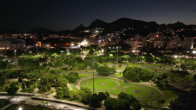 Gloria Church At Night In Rio De Janeiro In Brazil. Illuminated Church Landscape. Downtown District. Highrise Buildings. Gloria Church At Night In Rio De Janeiro In Brazil.