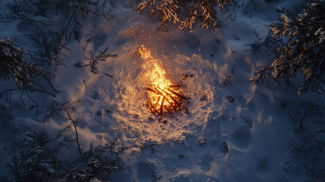 Rustic winter campsite with roaring campfire surrounded by snow and frosted trees, creating warm and cozy atmosphere in cold forest night