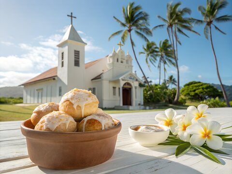 Traditional Samoan Pani Popo Sweet Coconut Buns, Thick Coconut Sauce, Clay Pot, White Church, Frangipani Flowers, Pacific Island

