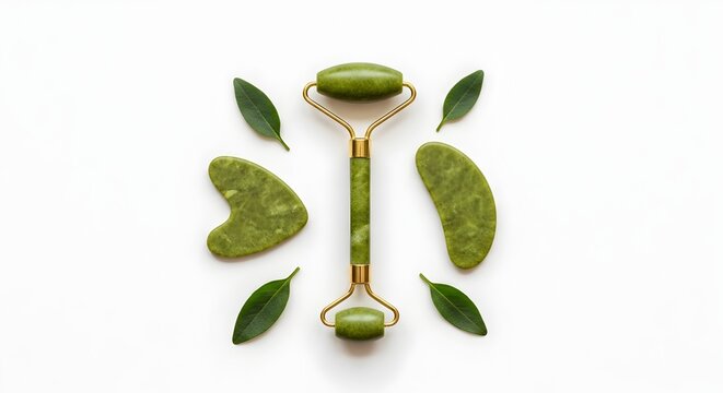Jade facial roller and gua sha tools with green leaves isolated on white background