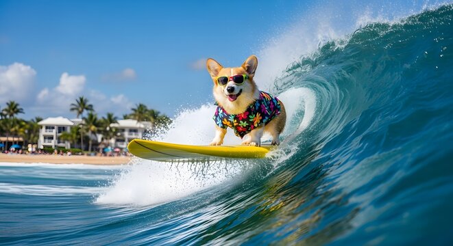 Corgi surfing ocean wave wearing sunglasses and floral shirt