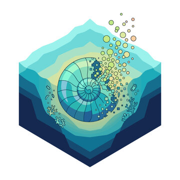 Isometric vector illustration of a spiral ammonite fossil shell dissolving into bubbles underwater. EPS Editable