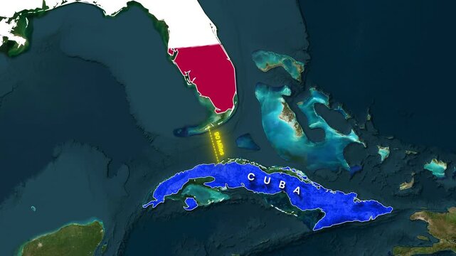 Florida and Cuba Distance Animation Showing 90 Miles Across the Florida Straits