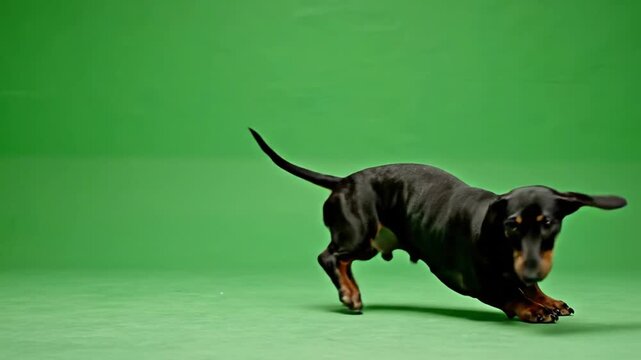 Playful Dachshund Running and Jumping on Green Screen