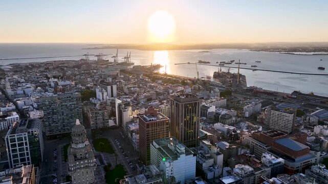Sunset Port Of Montevideo At Montevideo In Maldonado Uruguay. Dusk Landscape. Downtown District. Cultural Heritage. Port Of Montevideo At Montevideo In Maldonado Uruguay. Tourism Landmark.