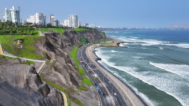 Lima Skyline In Miraflores In Lima Peru. Highrise Buildings. Green Coast Seascape. Travel Destination. Lima Skyline In Miraflores In Lima Peru. Leisure Park Landscape. Green Coast Cliffs Road.