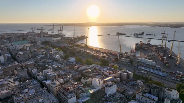 Sunset Montevideo Skyline At Montevideo In Maldonado Uruguay. Dusk Landscape. Downtown District. Cultural Heritage. Montevideo Skyline At Montevideo In Maldonado Uruguay. Tourism Landmark.