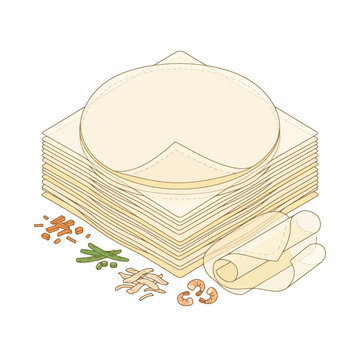 Isometric vector illustration of spring roll wrappers stack with ingredients and rolled skins. EPS Editable