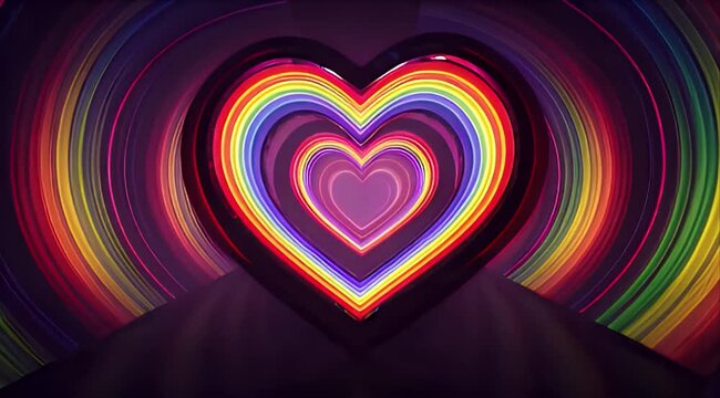 Pride month neon rainbow heart glowing heart tunnel colorful light art abstract love background vibrant psychedelic pattern romantic digital design vivid gradient glow futuristic valentine concept