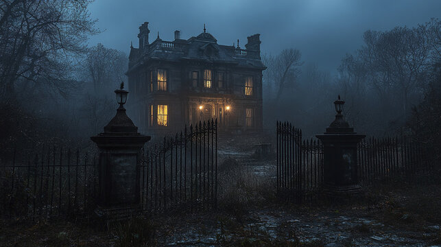 Abandoned Victorian mansion with eerie candlelight glowing through windows at night surrounded by dark foggy forest and old iron gate creating spooky atmosphere