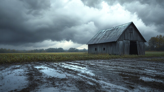 Old wooden barn stands alone on muddy field under dark storm clouds, creating dramatic and moody rural landscape with wet soil reflecting gloomy sky