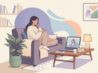 Fototapeta premium Woman sitting on a sofa during a virtual therapy session at home