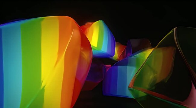 Pride month rainbow color geometric shape abstract 3d glossy prism object fluid form sculpture neon light reflection vibrant spectrum glow floating crystal design modern digital art dark background