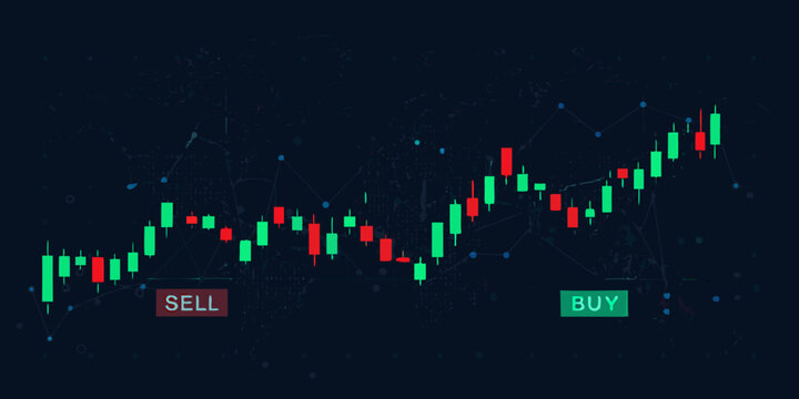 Candlestick chart with buy and sell indicators dark blue background