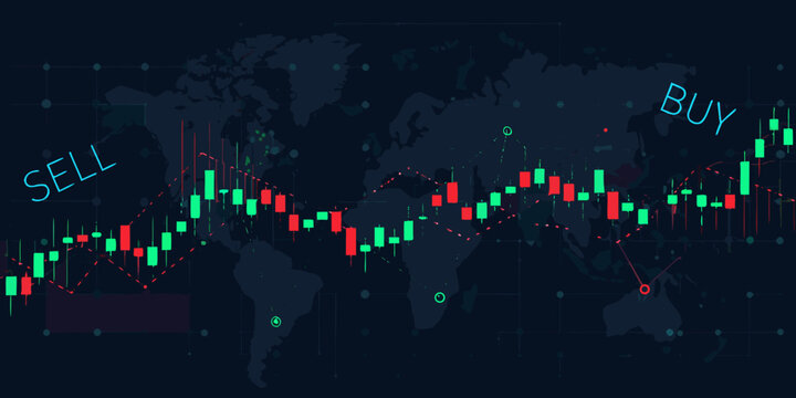 Candlestick Chart Over World Map Dark Financial Trading Illustration