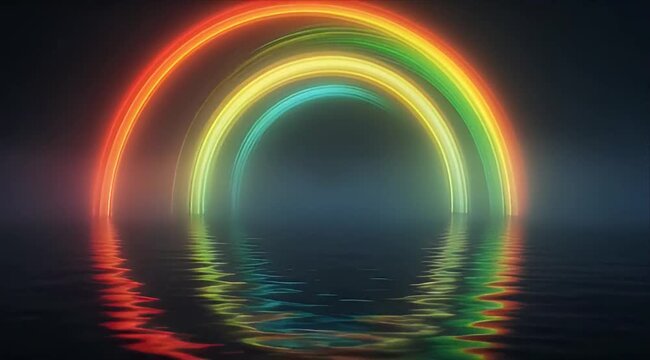 Pride month Enchanting neon rainbow arc reflection over calm water glow, abstract colorful light spectrum dreamy night atmosphere, futuristic glowing circle digital art background with misty horizon