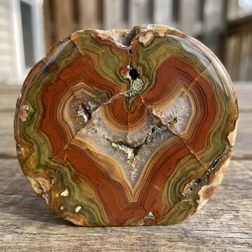 A polished cross-section of a colorful agate geode displaying intricate concentric bands of red, green, and white with sparkling crystal formations in its core.