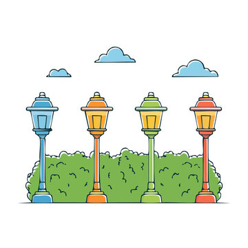 Colorful street lamps in a row with clouds and hedge