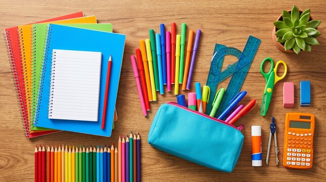 Top View of Colorful School Stationery and Office Supplies on Wooden Table