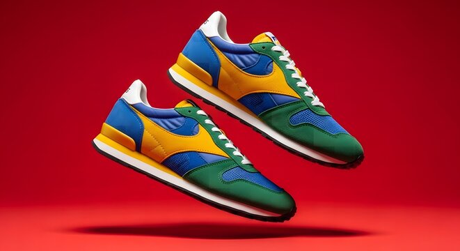 Colorful retro running shoes floating on red background fashion footwear