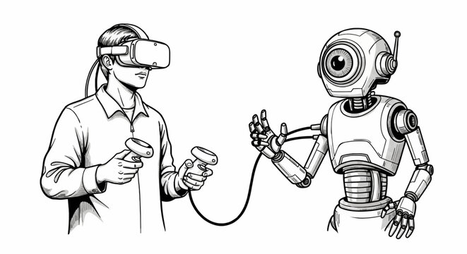 Person Wearing VR Headset Interacting with Robot