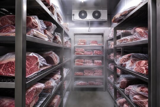 Raw wagyu beef steaks vacuum sealed on stainless steel shelves inside industrial walk-in freezer cold storage room, professional meat processing concept
