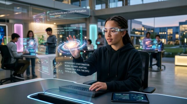 AI Personal Learning Session - AI-powered learning platform through interactive holographic displays. Concept of personalized education, digital learning, and future educational technology. 