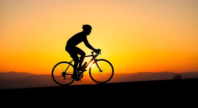 Cyclist silhouette riding road bike at sunset with mountain backdrop