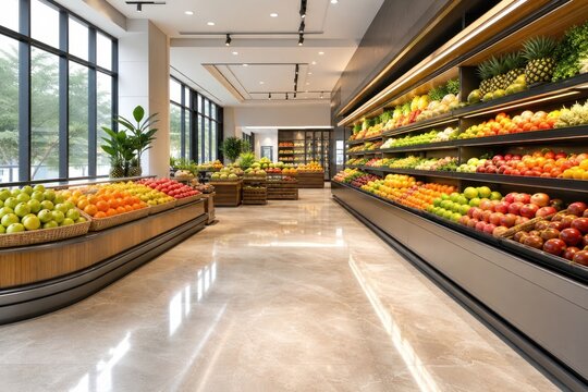 Fresh organic fruits neatly displayed on modern supermarket shelves with bright natural light, clean grocery store interior, healthy lifestyle concept