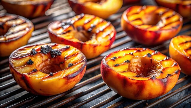 Grilled peaches with charred stripes on a grill grate